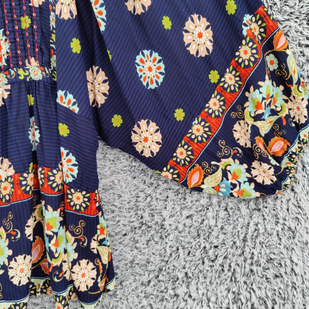 Orientique Womens Boho Floral Pintuck Peasant Blouse Large Navy Blue Wide Sleeve - Picture 9 of 16